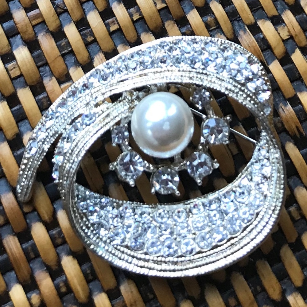 Two Vintage Faux Pearl and Rhinestone Pins